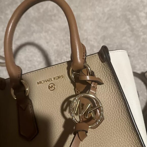 Michael Kors Kris Small Color-Block Pebbled Leather Satchel Cream Tan Beige - Picture 4 of 9